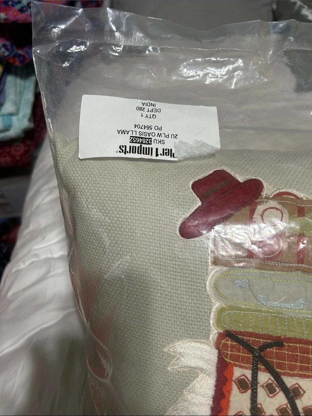 Pier 1 light green Throw Pillow with Embroidered Llama and Multicolor Accents